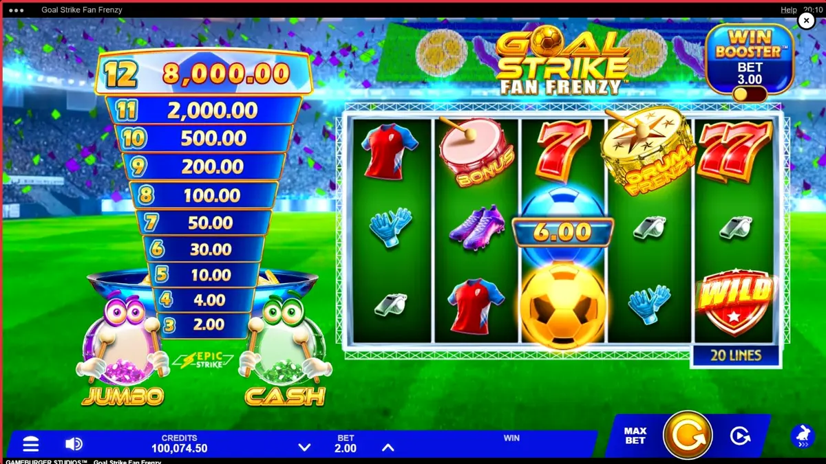 Goal Strike Fan Frenzy slot game screen na may football theme at stadium background